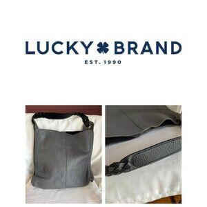 LUCKY BRAND Gray Pebbled Leather Black Braided Handles Stitching Shoulder Tote